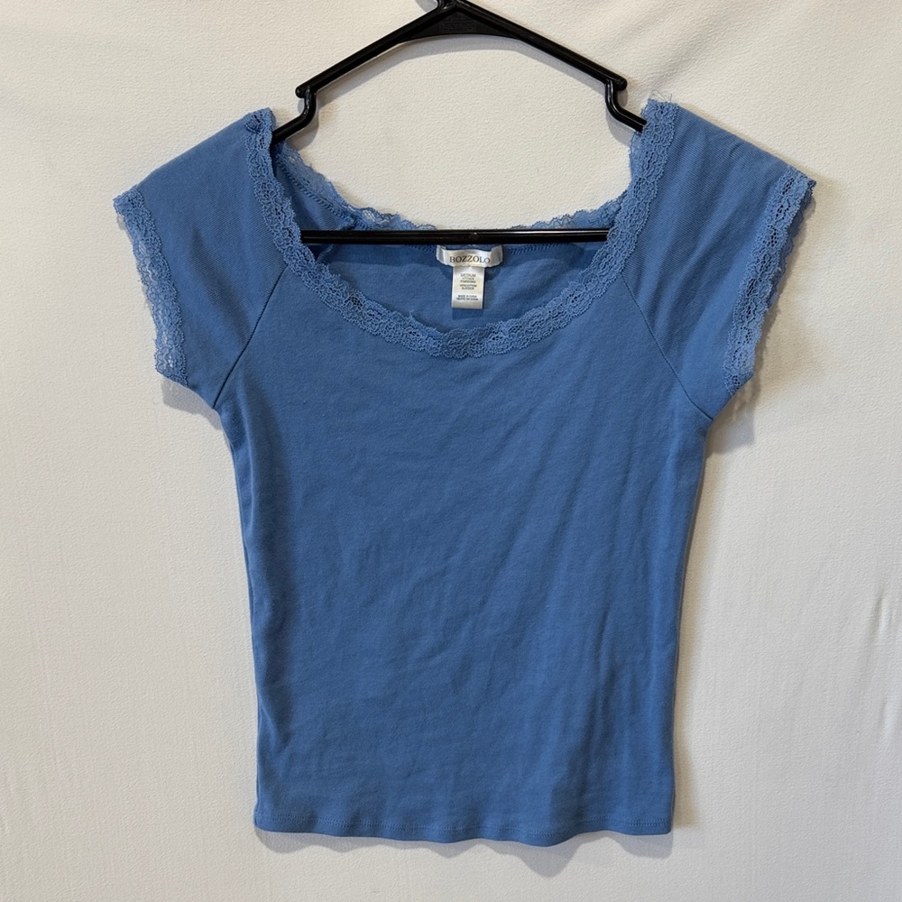 Bozzolo Blue Lace Trim Short Sleeve Top